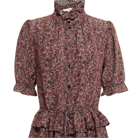 Vanessa Bruno Ruffle-trimmed gathered printed silk crepe de chine mini dress 38 - Picture 2 of 7